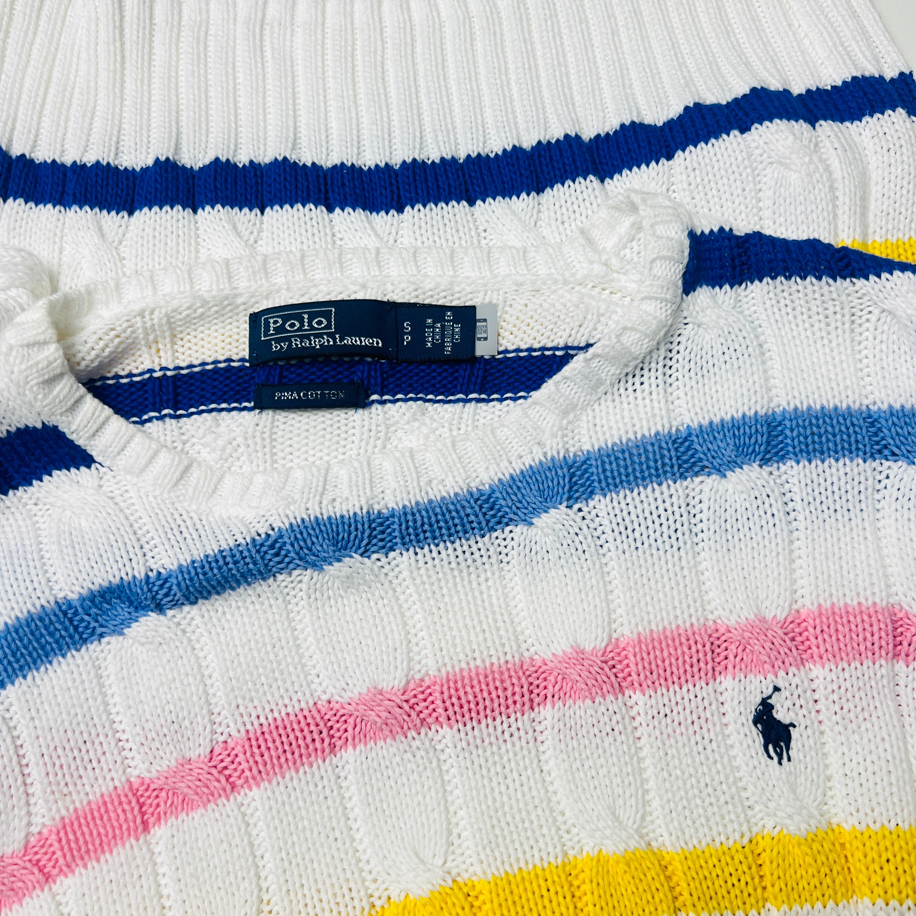 Pull RALPH LAUREN blanc à rayures multicolores - Taille S