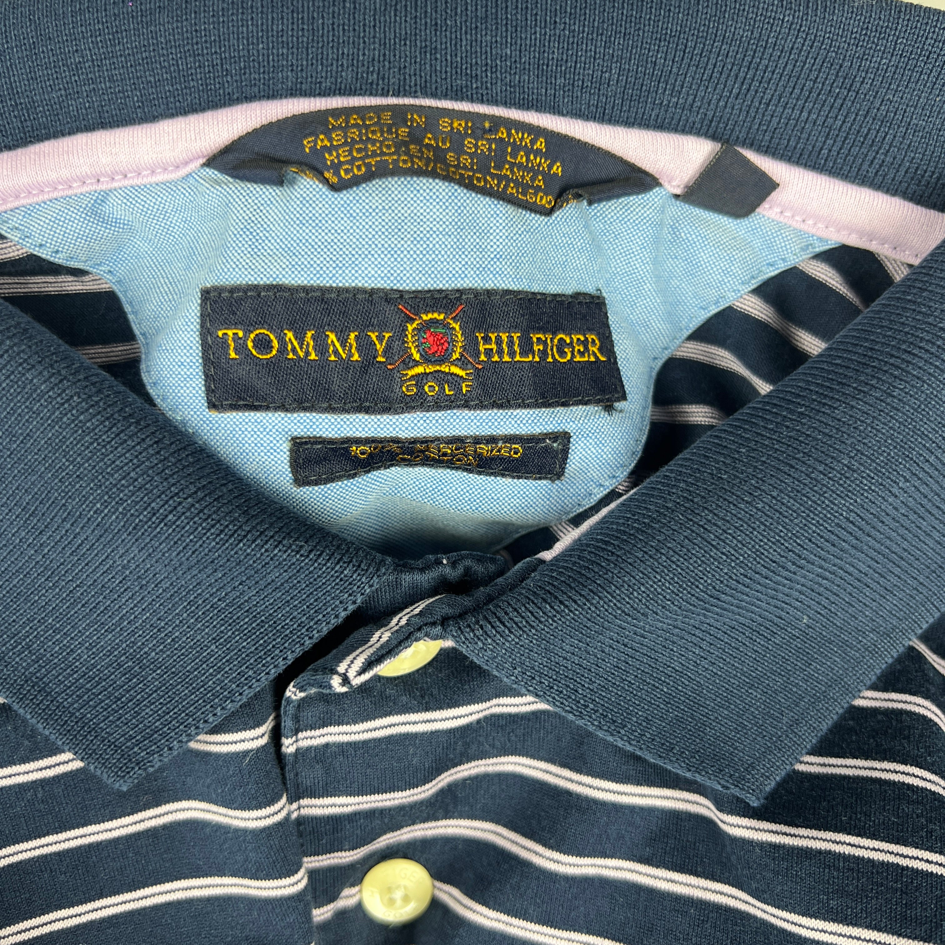 Polo TOMMY HILFIGER bleu marine à rayures roses - Taille L