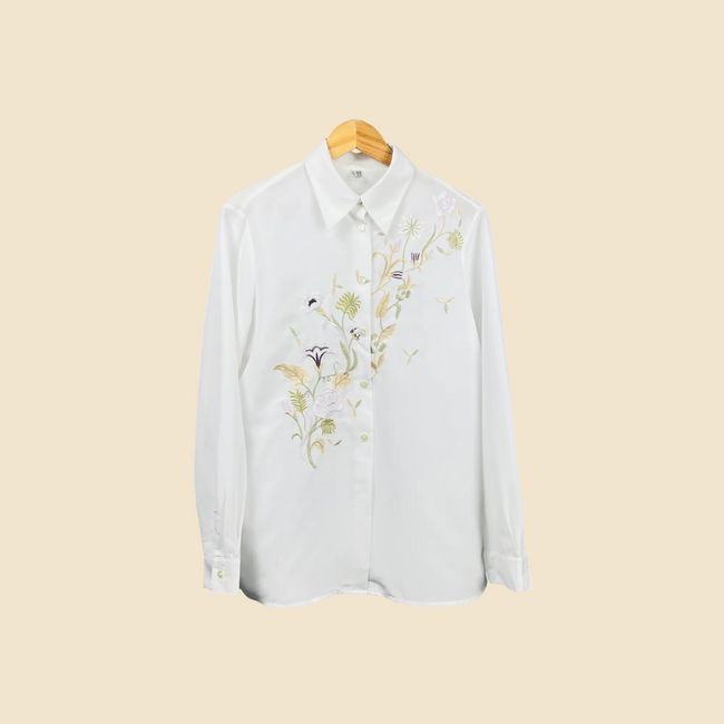 Vintage floral embroidered white shirt - Size 38